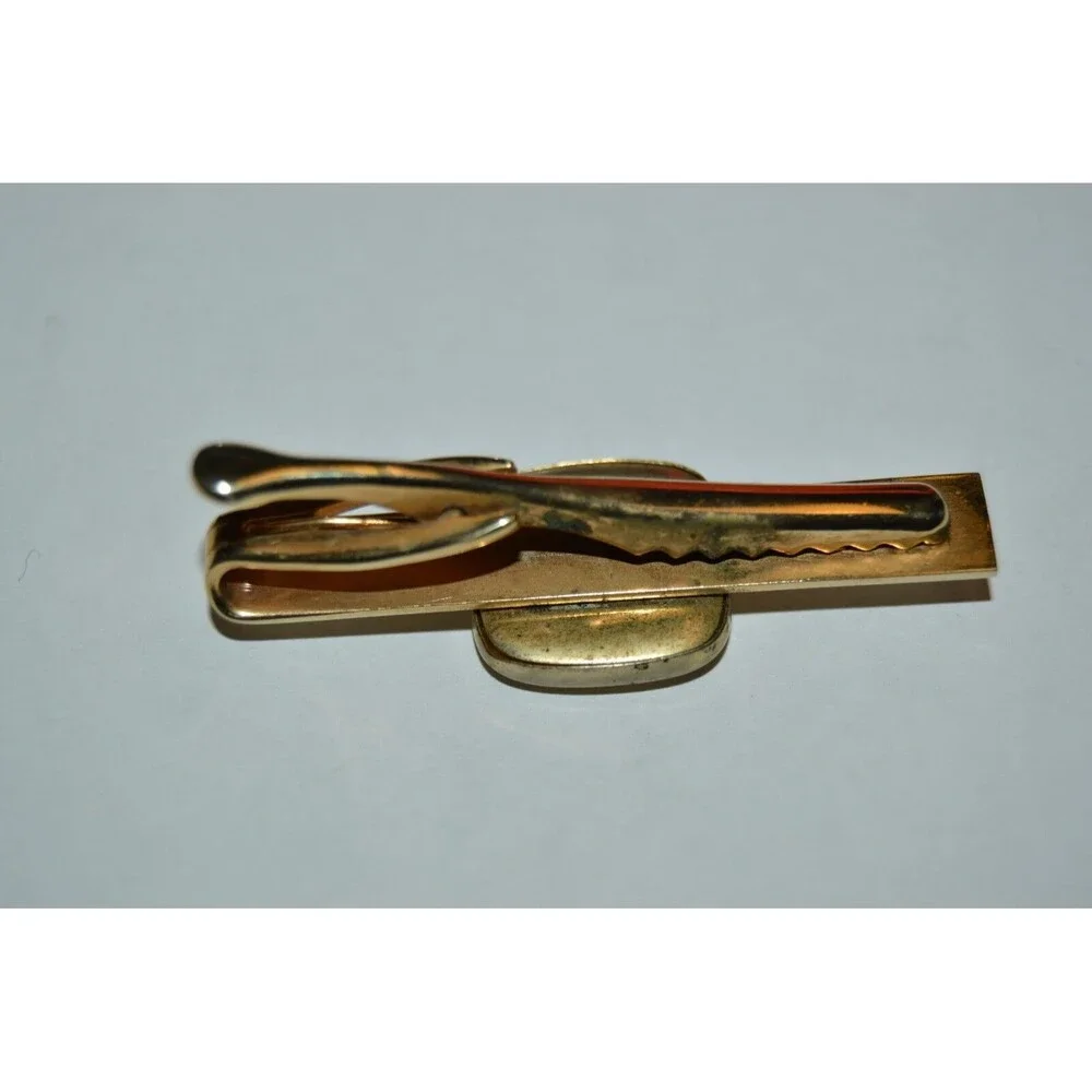 Vintage Brass with Red Accents 1960s Classic Men's Cuff Links & Tie Bar Set Rare